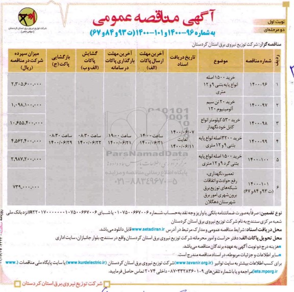 مناقصه خرید 1500 اصله انواع پایه بتنی 9 و 12 متری 	.... 