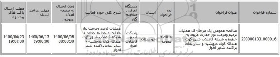 مناقصه عمومی یک مرحله ای عملیات ترمیم ومرمت نوار حفاری مربوط به خطوط و شبکه فاضلاب شهر کوت عبدالله کوی درویشیه و سایر نقاط پراکنده شهر اهواز