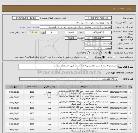 استعلام کابلشو پایه بلند مسی  کابلشو پایه بلند مسی طبق مشخصات پیوست