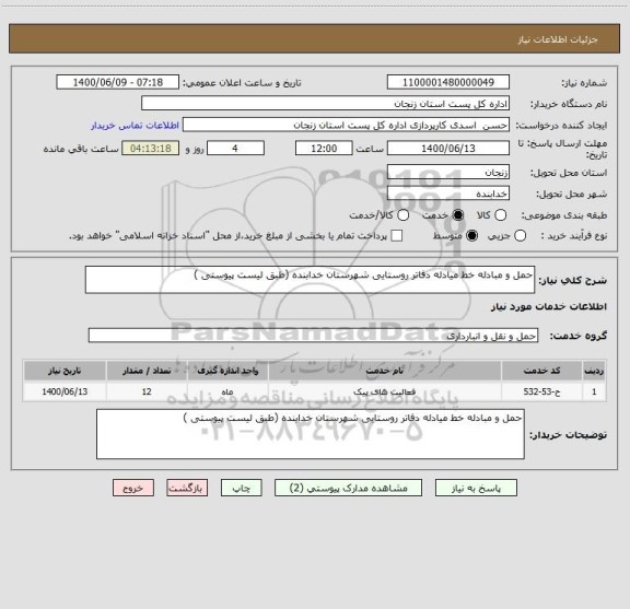 استعلام حمل و مبادله خط میادله دفاتر روستایی شهرستان خدابنده (طبق لیست پیوستی )