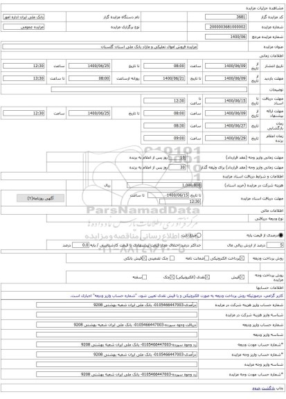 مزایده فروش اموال تملیکی و مازاد بانک ملی استان گلستان