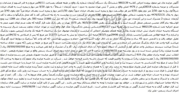 آگهی مزایده ششدانگ یک دستگاه آپارتمان شماره یک واقع در طبقه همکف بمساحت 90/11متر مربع