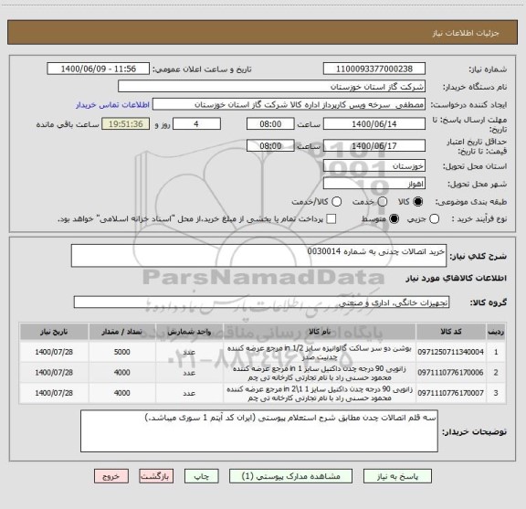 استعلام خرید اتصالات چدنی به شماره 0030014