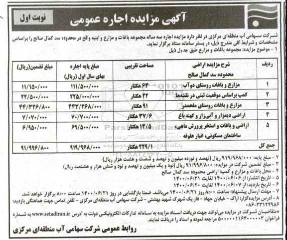 مزایده، مزایده اجاره سه ساله مجموعه باغات و مزارع و ابنیه