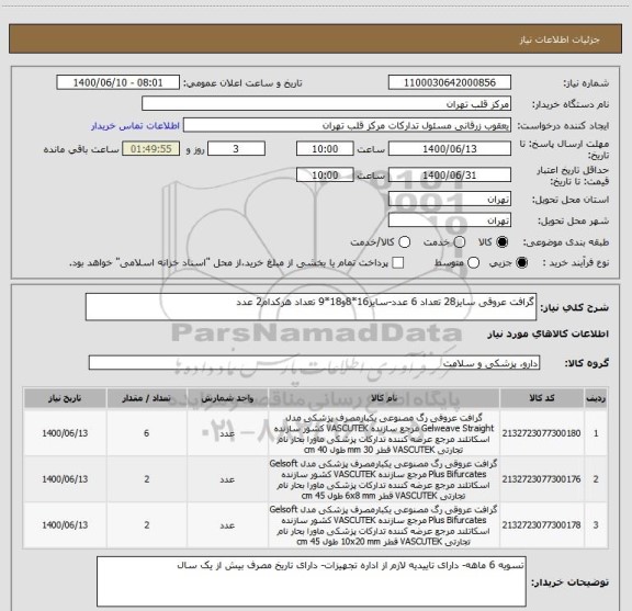 استعلام گرافت عروقی سایز28 تعداد 6 عدد-سایز16*8و18*9 تعداد هرکدام2 عدد