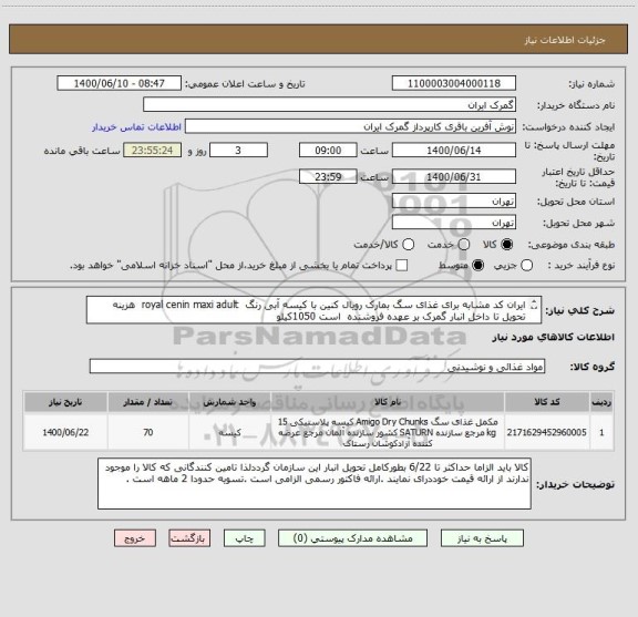 استعلام ایران کد مشابه برای غذای سگ بمارک رویال کنین با کیسه آبی رنگ  royal cenin maxi adult  هزینه تحویل تا داخل انبار گمرک بر عهده فروشنده  است 1050کیلو 
