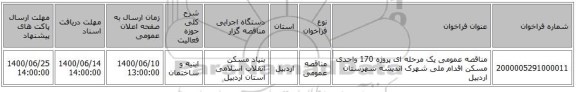 مناقصه عمومی یک مرحله ای پروژه 170  واحدی مسکن اقدام ملی شهرک اندیشه شهرستان اردبیل