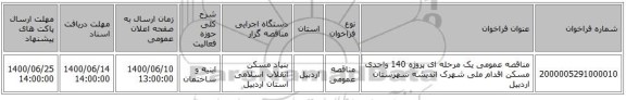 مناقصه عمومی یک مرحله ای پروژه 140  واحدی مسکن اقدام ملی شهرک اندیشه شهرستان اردبیل