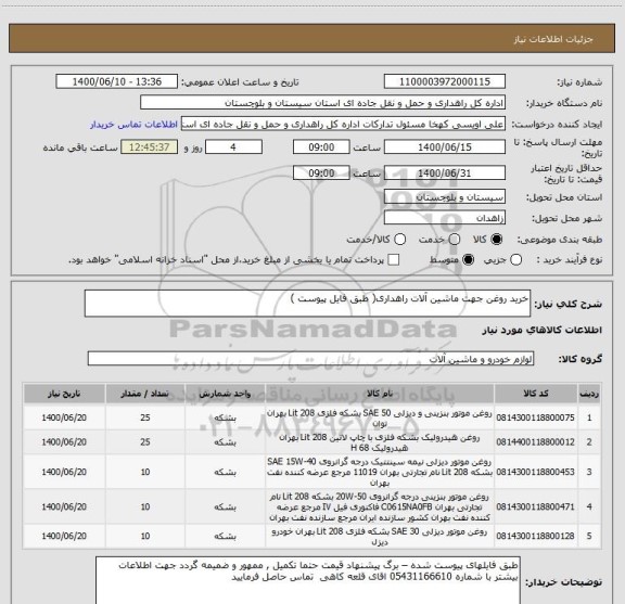 استعلام خرید روغن جهت ماشین آلات راهداری( طبق فایل پیوست ) 