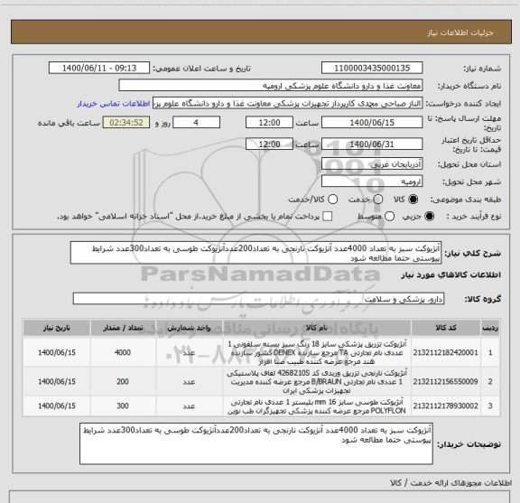 استعلام آنژیوکت سبز به تعداد 4000عدد آنژیوکت نارنجی به تعداد200عددآنژیوکت طوسی به تعداد300عدد شرایط پیوستی حتما مطالعه شود