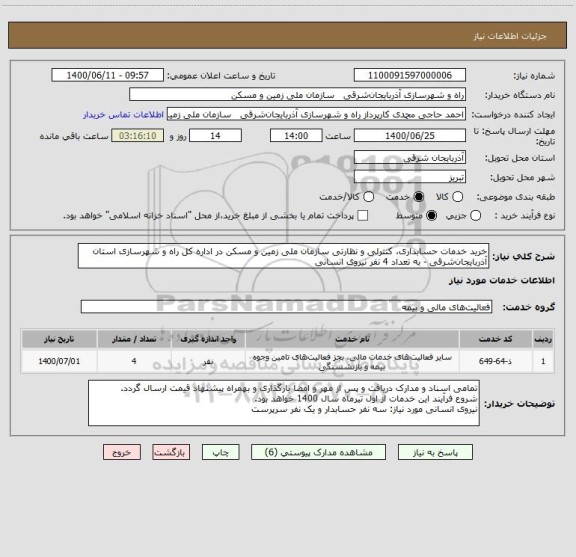 استعلام خرید خدمات حسابداری، کنترلی و نظارتی سازمان ملی زمین و مسکن در اداره کل راه و شهرسازی استان آذربایجان شرقی - به تعداد 4 نفر نیروی انسانی