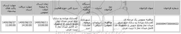 مناقصه عمومی یک مرحله ای کفسازی وپیاده رو سازی ضلع غربی میدان نماز وضلع جنوبی خ جمهوری حد فاصل میدان نماز تا تربیت غربی