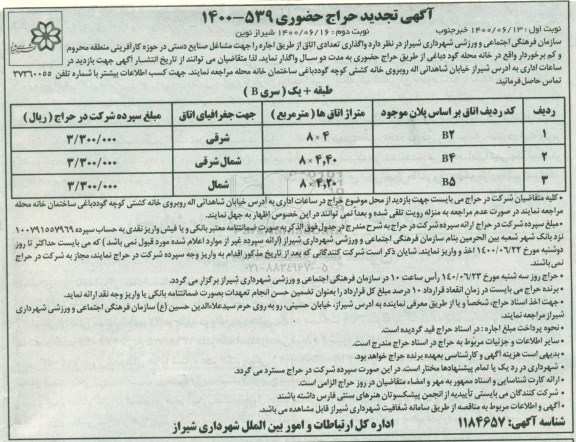 حراج حضوری، تجدید حراج حضوری واگذاری تعدادی اتاق از طریق اجاره جهت مشاغل صنایع دستی 