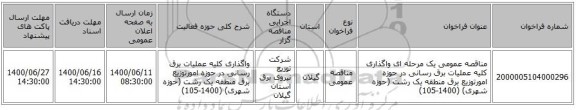 مناقصه عمومی یک مرحله ای واگذاری کلیه عملیات برق رسانی در حوزه امورتوزیع برق منطقه یک رشت (حوزه شهری) (1400-105)