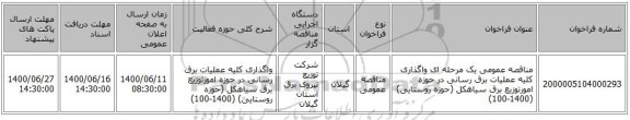 مناقصه عمومی یک مرحله ای واگذاری کلیه عملیات برق رسانی در حوزه امورتوزیع برق سیاهکل (حوزه روستایی) (1400-100)