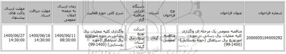 مناقصه عمومی یک مرحله ای واگذاری کلیه عملیات برق رسانی در حوزه امورتوزیع برق سیاهکل (حوزه روستایی) (1400-99)