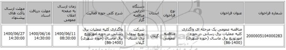 مناقصه عمومی یک مرحله ای واگذاری کلیه عملیات برق رسانی در حوزه امورتوزیع برق ماسال (حوزه شهری) (1400-86)