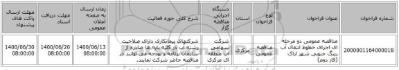 مناقصه عمومی دو مرحله ای اجرای خطوط انتقال آب رینگ جنوبی شهر اراک (فاز دوم) 