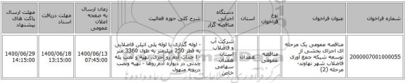 مناقصه عمومی یک مرحله ای اجرای بخشی از توسعه شبکه جمع آوری فاضلاب  شهر نهاوند- مرحله (2) 