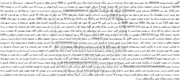 آگهی مزایده یک ممیز پنج دهم دانگ مشاع از شش دانگ عرصه و اعیان پلاک ثبتیB1 