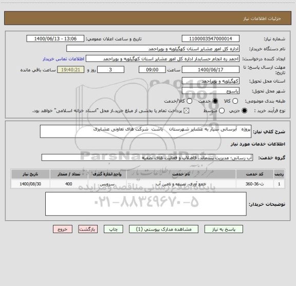 استعلام پروژه   آبرسانی سیار به عشایر شهرستان    باشت  شرکت های تعاونی عشایری