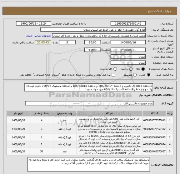 استعلام 30حلقه 215R15 دانلوپ و 2حلقه 185/65R14 و 2حلقه 185/65R15 و 2حلقه لاستیک 700/16 جهت نیسان وانت چهار خط و 4 حلقه لاستیک 650/14 جهت وانت مزدا 