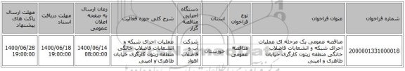 مناقصه عمومی یک مرحله ای عملیات اجرای شبکه و انشعابات فاضلاب خانگی منطقه زیتون کارگری خیابان طاهری و امینی