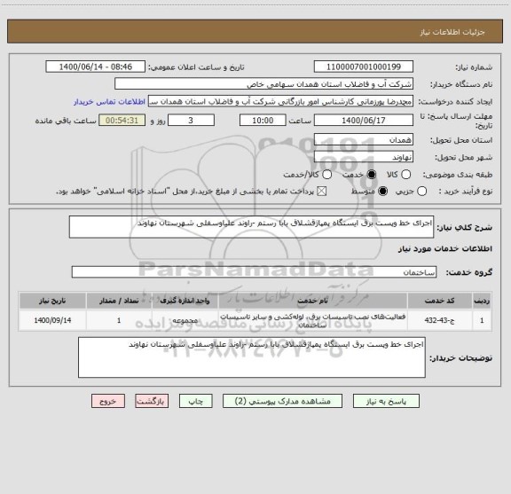 استعلام اجرای خط وپست برق ایستگاه پمپاژقشلاق بابا رستم -راوند علیاوسفلی شهرستان نهاوند