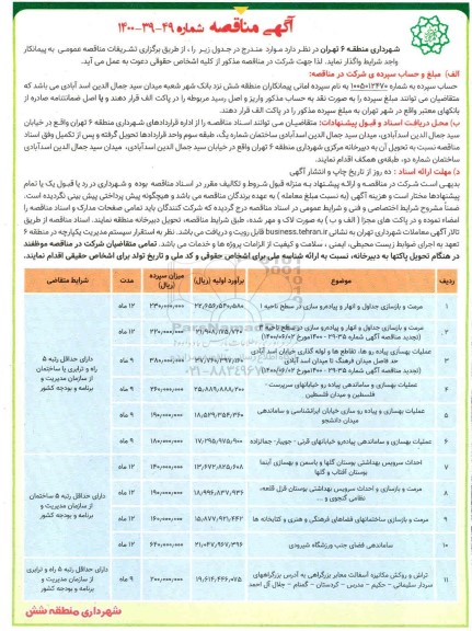 مناقصه، مناقصه مرمت و بازسازی جداول و انهار و پیاده روسازی... 