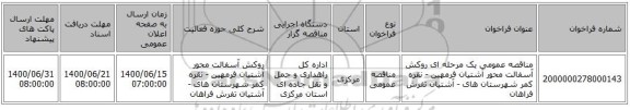 مناقصه عمومی یک مرحله ای روکش آسفالت محور آشتیان فرمهین - نقره کمر شهرستان های - آشتیان تفرش فراهان