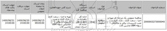 مناقصه عمومی یک مرحله ای تهیه و اجرا ، سفت کاری ، نازک کاری و نصب تاسیسات برقی و مکانیکی  سوله UBM ماشین آلات