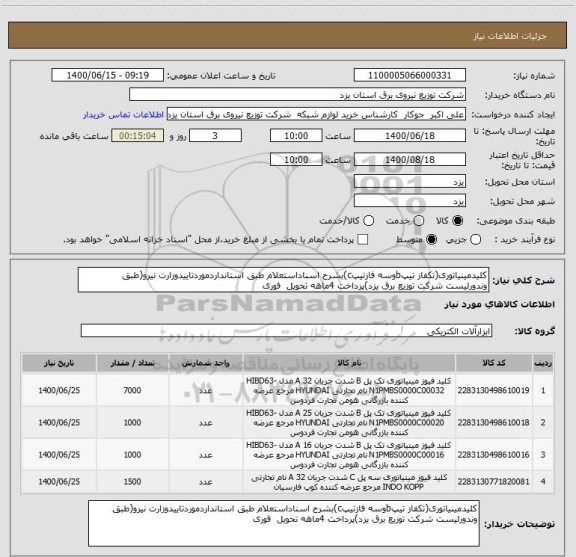 استعلام کلیدمینیاتوری(تکفاز تیپbوسه فازتیپc)بشرح اسناداستعلام طبق استانداردموردتاییدوزارت نیرو(طبق وندورلیست شرکت توزیع برق یزد)پرداخت 4ماهه تحویل  فوری 