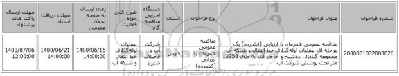 مناقصه عمومی همزمان با ارزیابی (فشرده) یک مرحله ای عملیات لوله‌گذاری خط انتقال و شبکه آب مجموعه گیاه‌زار، ده‌شیخ و حاجی‌آباد به طول 13350 متر تحت پوشش شرکت آب