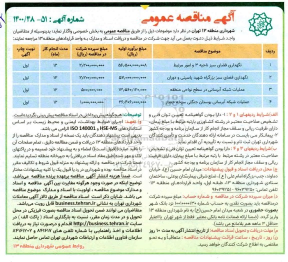 مناقصه، مناقصه نگهداری فضای سبز ناحیه ....