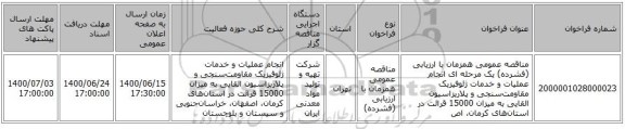 مناقصه عمومی همزمان با ارزیابی (فشرده) یک مرحله ای انجام عملیات و خدمات ژئوفیزیک مقاومت‌سنجی و پلاریزاسیون القایی به میزان 15000 قرائت در استان‌های کرمان، اص