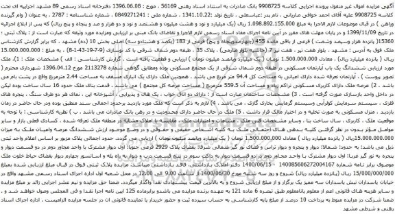 آگهی مزایده ششدانگ یک باب آپارتمان مسکونی