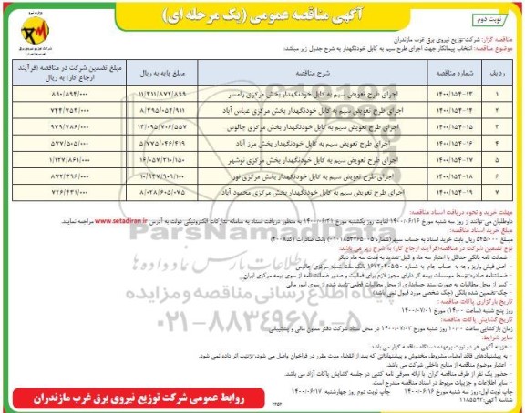 مناقصه، مناقصه اجرای طرح تعویض سیم به کابل خودنگهدار ... - نوبت دوم 