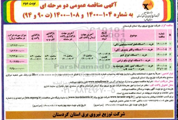 مناقصه، مناقصه خرید 2000 دستگاه قطع کننده سیلیکونی تکی 