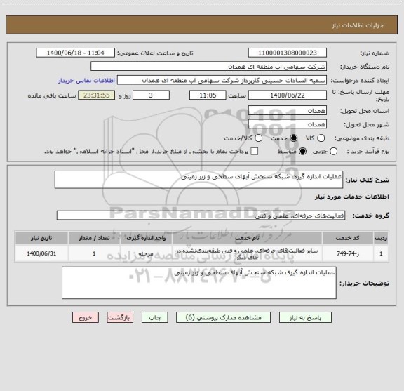 استعلام عملیات اندازه گیری شبکه سنجش آبهای سطحی و زیر زمینی 