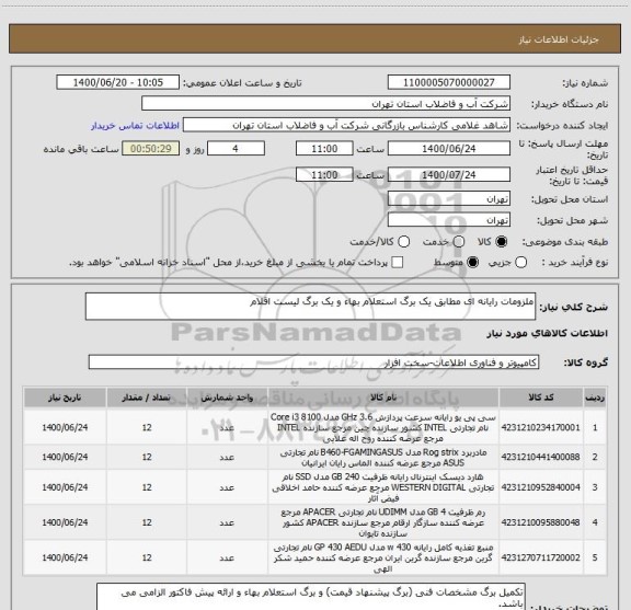 استعلام ملزومات رایانه ای مطابق یک برگ استعلام بهاء و یک برگ لیست اقلام