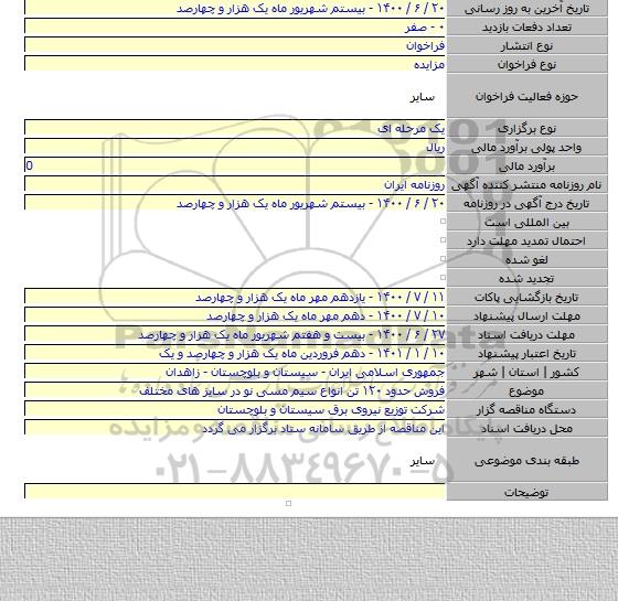 فروش حدود ۱۲۰ تن انواع سیم مسی نو در سایز های مختلف