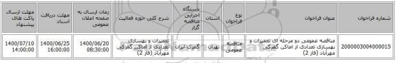 مناقصه عمومی دو مرحله ای تعمیرات و بهسازی تعدادی از اماکن گمرکی مهرآباد (فاز 2)