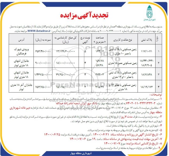 آگهی مزایده مزایده واگذاری زمین مسکونی 