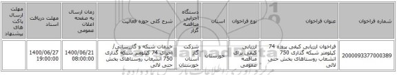 فراخوان ارزیابی کیفی پروژه  74 کیلومتر شبکه گذاری  750 انشعاب روستاهای بخش حتی لالی