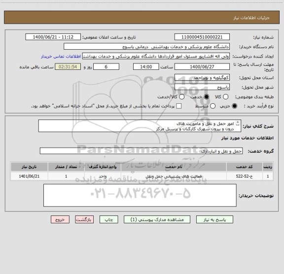 استعلام امور حمل و نقل و ماموریت های
درون و بیرون شهری کارکنان و پرسنل مرکز
بهداشت شهرستان باشت و بیمارستان شهدای
باشت