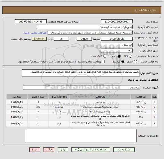 استعلام تعیین پیمانکار دستمزدی ساختمان خانه عالم بصورت امانی جهت انجام امورات برابر لیست و درخواست.