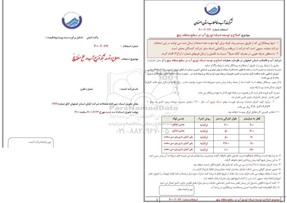 استعلام اصلاح و توسعه شبکه توزیع آب 