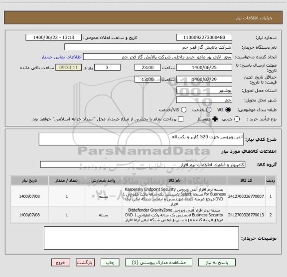 استعلام انتی ویروس جهت 520 کاربر و یکساله