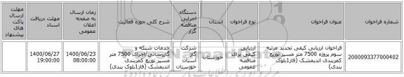 فراخوان ارزیابی کیفی تجدید مرتبه سوم پروژه 7500 متر مسیر توزیع کمربندی اندیمشک (فاز1بلوک بندی)