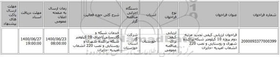 فراخوان ارزیابی کیفی تجدید مرتبه دوم پروژه 10 کیلومتر شبکه پراکنده شهری و روستایی و نصب 220 انشعاب امیدیه -جایزان